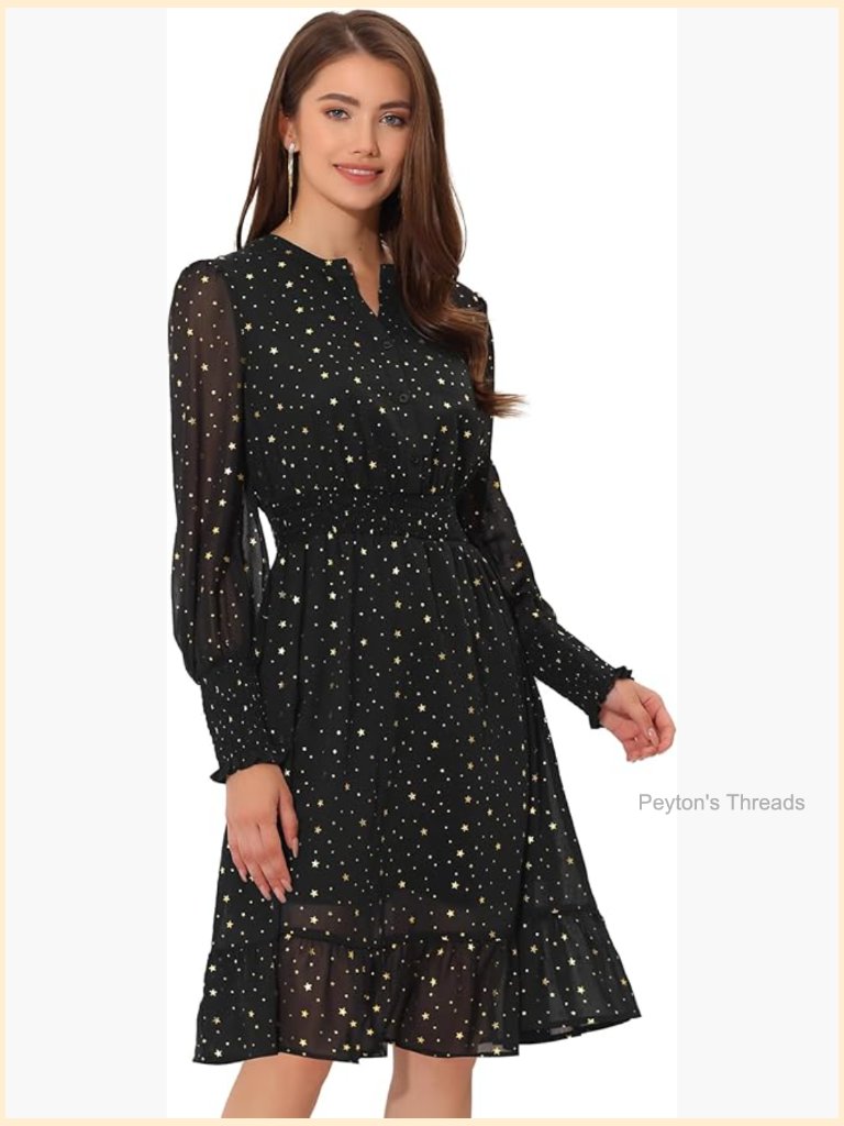 Metallic Star Print V Neck Button Up Smocked Chiffon Dress